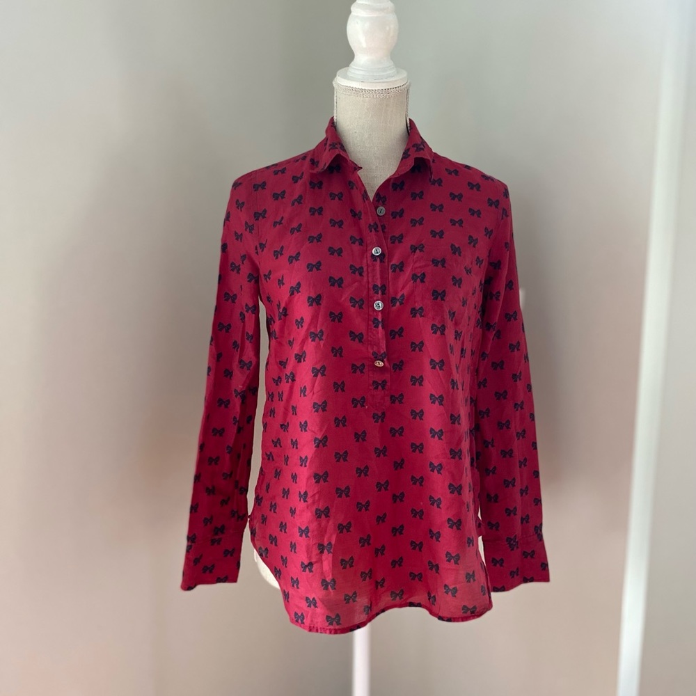 J. Crew Red Popover Shirt w Bow Print